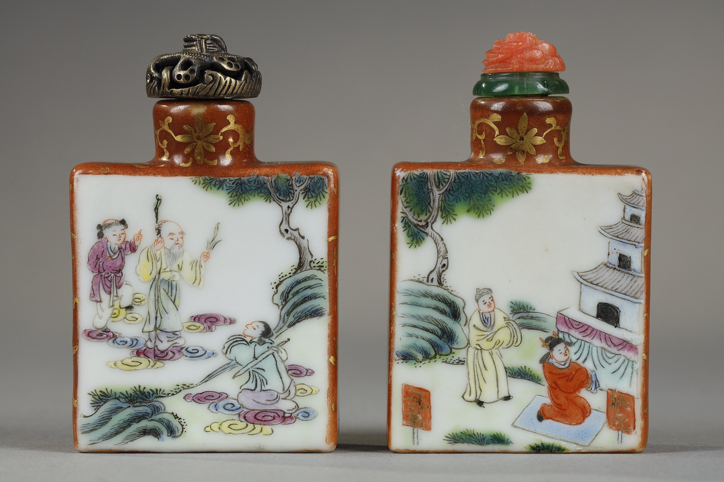 two square-shaped snuff bottles with decor for the first award Imperial and the other a decor of the three stars (sanxing) China mark and period Jiaqing 1796/1820